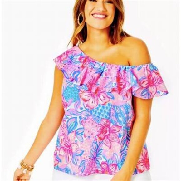 NWT Lilly Pulitzer Zeldie One Shoulder Ruffle Top Pink Isle Snappy Turtle XS - Picture 1 of 8